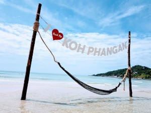 A hammock suspended above calm and clear water on a sunny white beach. 